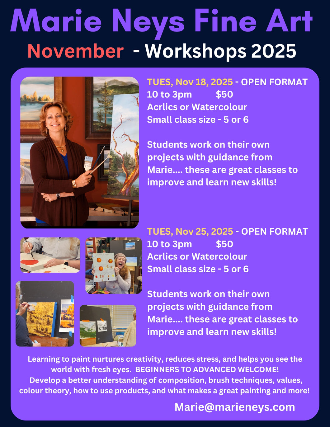 Tuesday Workshops  -Paint with Marie - Tuesdays 10 to 3pm