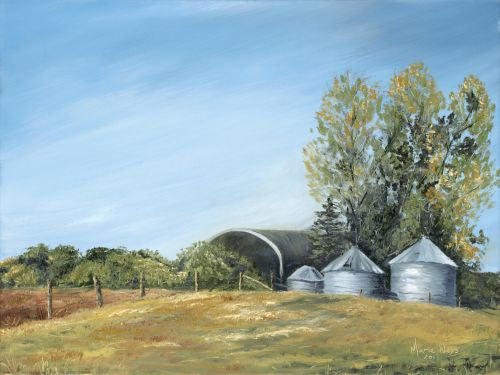 Quonset and Granaries, Southern Alberta, Original Oil on Canvas